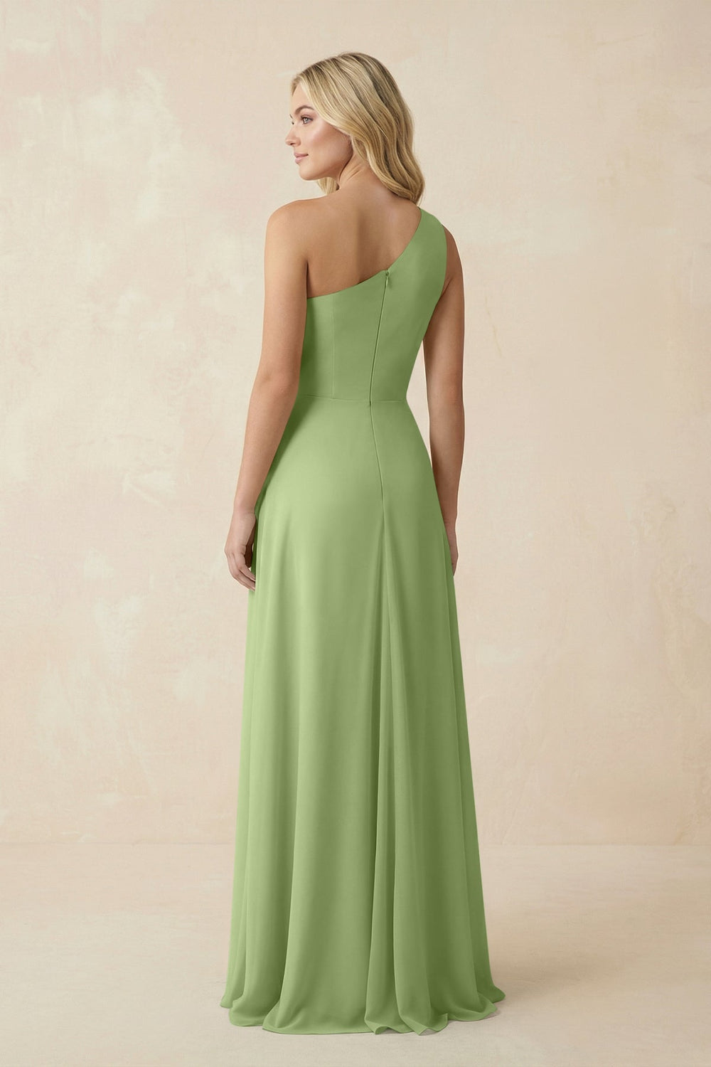 One - Shoulder Ruched A - Line Chiffon Bridesmaid Dress in Matcha - KissProm Bridesmaid Dresses