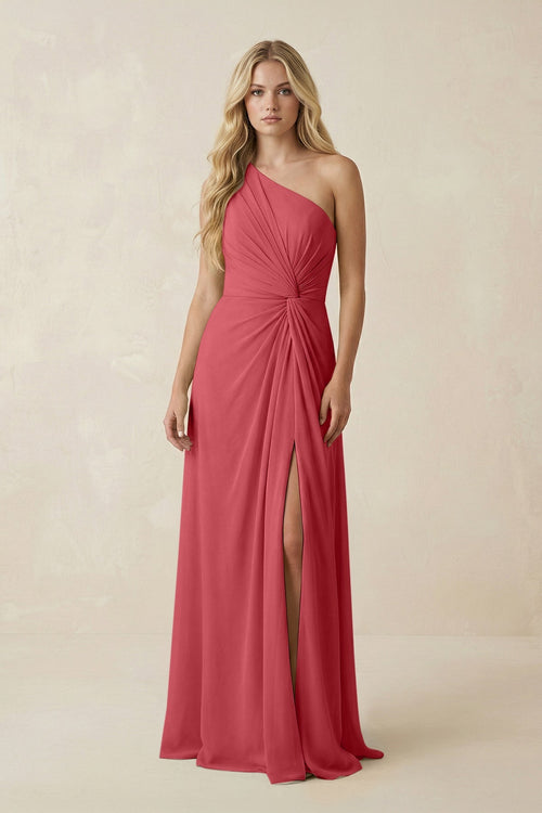 One - Shoulder Ruched A - Line Chiffon Bridesmaid Dress in Merlot - KissProm Bridesmaid Dresses