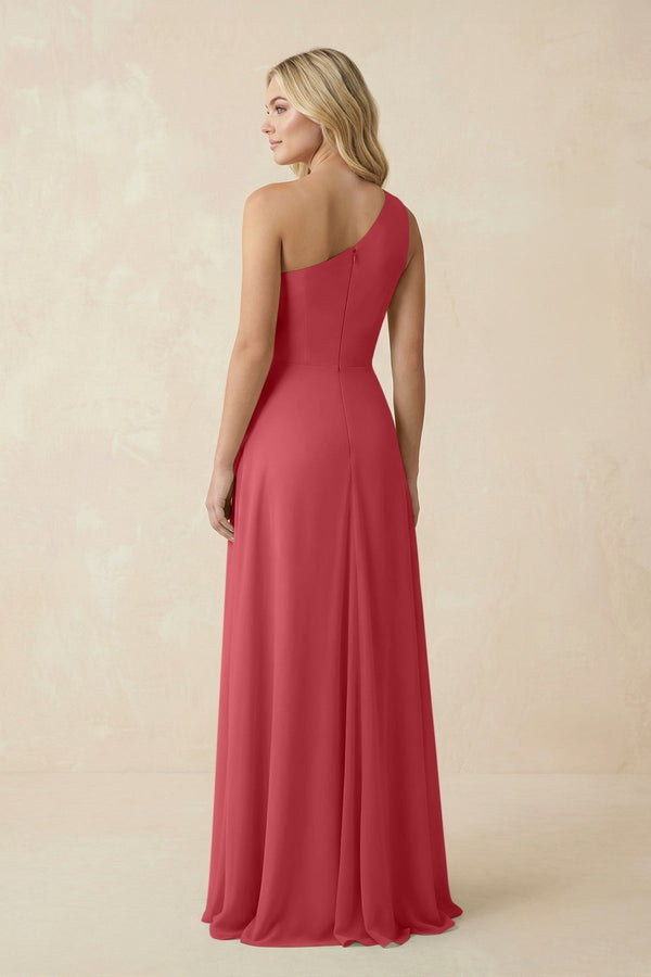 One - Shoulder Ruched A - Line Chiffon Bridesmaid Dress in Merlot - KissProm Bridesmaid Dresses
