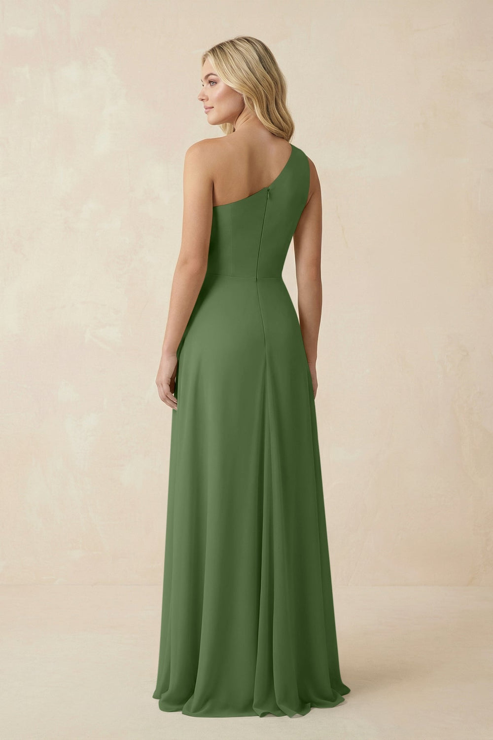 One - Shoulder Ruched A - Line Chiffon Bridesmaid Dress in Moss - KissProm Bridesmaid Dresses