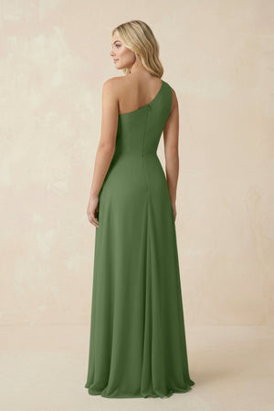 One - Shoulder Ruched A - Line Chiffon Bridesmaid Dress in Moss - KissProm Bridesmaid Dresses