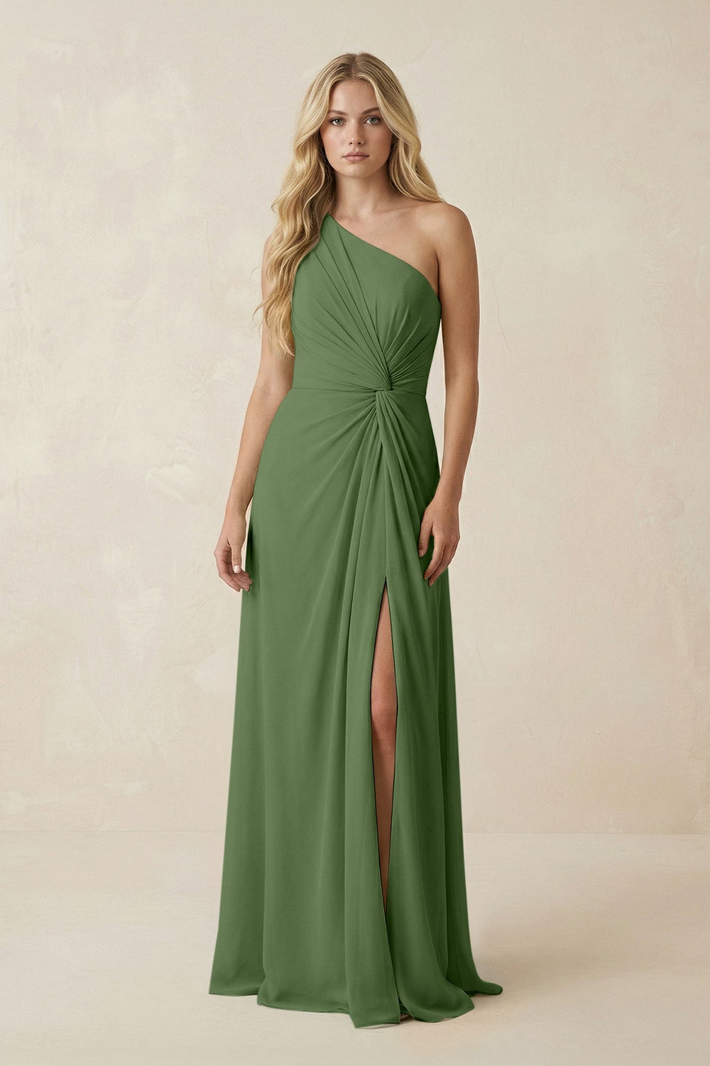 One - Shoulder Ruched A - Line Chiffon Bridesmaid Dress in Moss - KissProm Bridesmaid Dresses