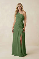 One - Shoulder Ruched A - Line Chiffon Bridesmaid Dress in Moss - KissProm Bridesmaid Dresses