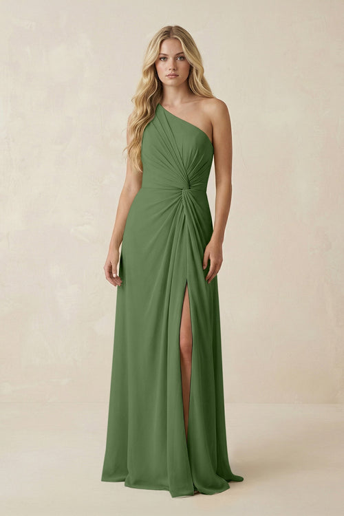 One - Shoulder Ruched A - Line Chiffon Bridesmaid Dress in Moss - KissProm Bridesmaid Dresses