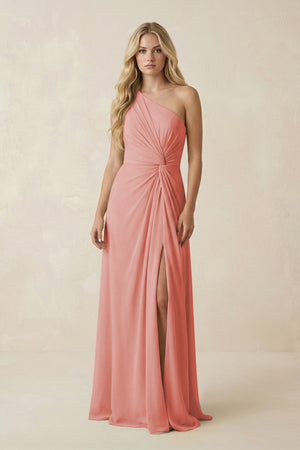 One - Shoulder Ruched A - Line Chiffon Bridesmaid Dress in Mulberry - KissProm Bridesmaid Dresses