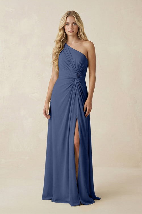 One - Shoulder Ruched A - Line Chiffon Bridesmaid Dress in Navy - KissProm Bridesmaid Dresses
