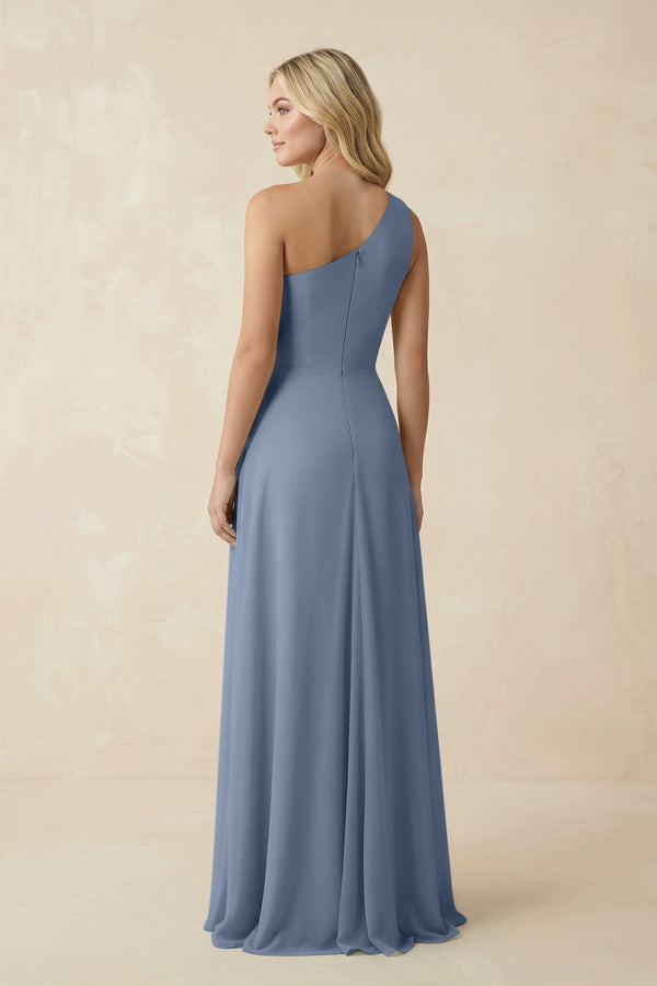 One - Shoulder Ruched A - Line Chiffon Bridesmaid Dress in Neptune - KissProm Bridesmaid Dresses