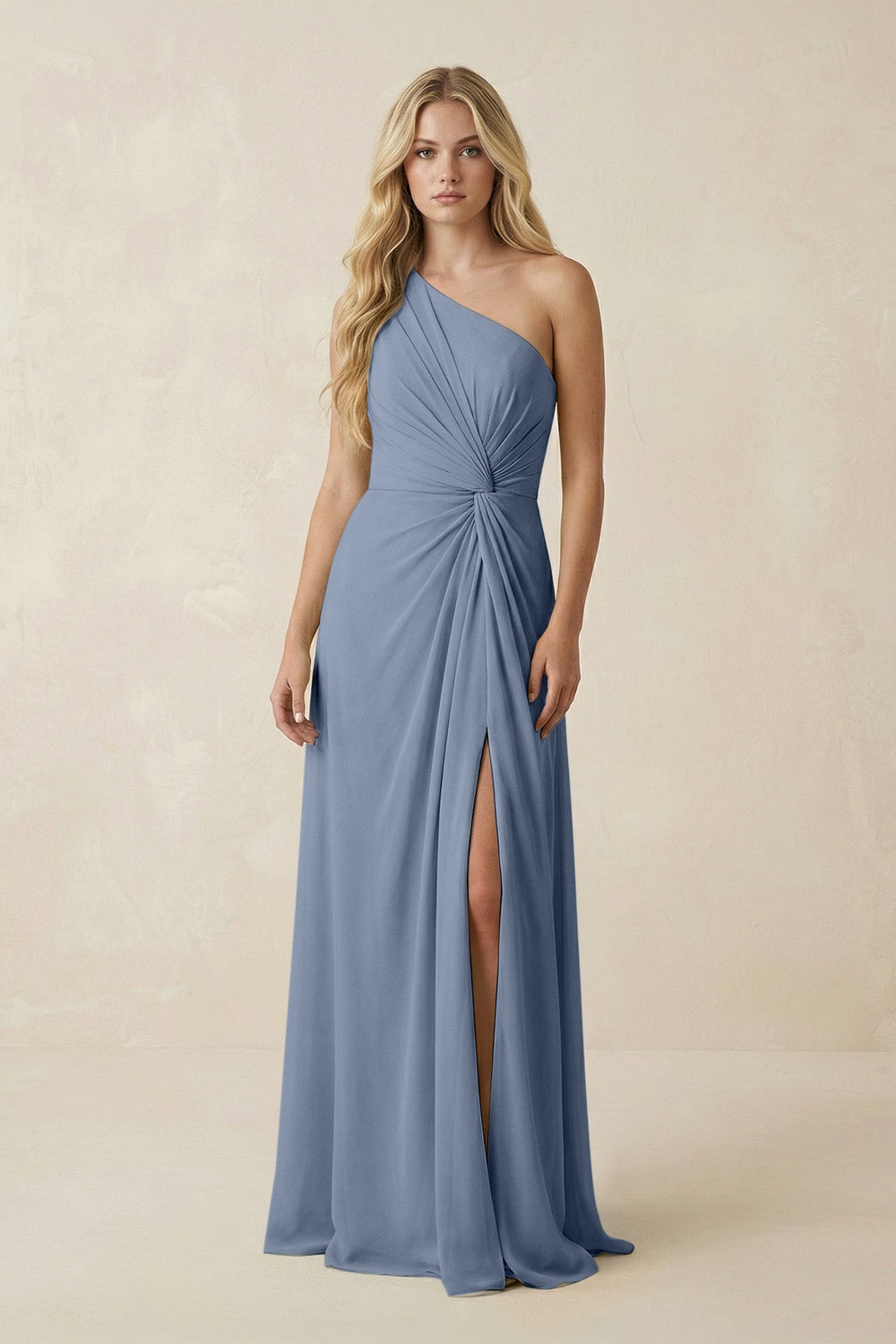One - Shoulder Ruched A - Line Chiffon Bridesmaid Dress in Neptune - KissProm Bridesmaid Dresses