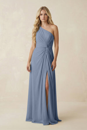 One - Shoulder Ruched A - Line Chiffon Bridesmaid Dress in Neptune - KissProm Bridesmaid Dresses