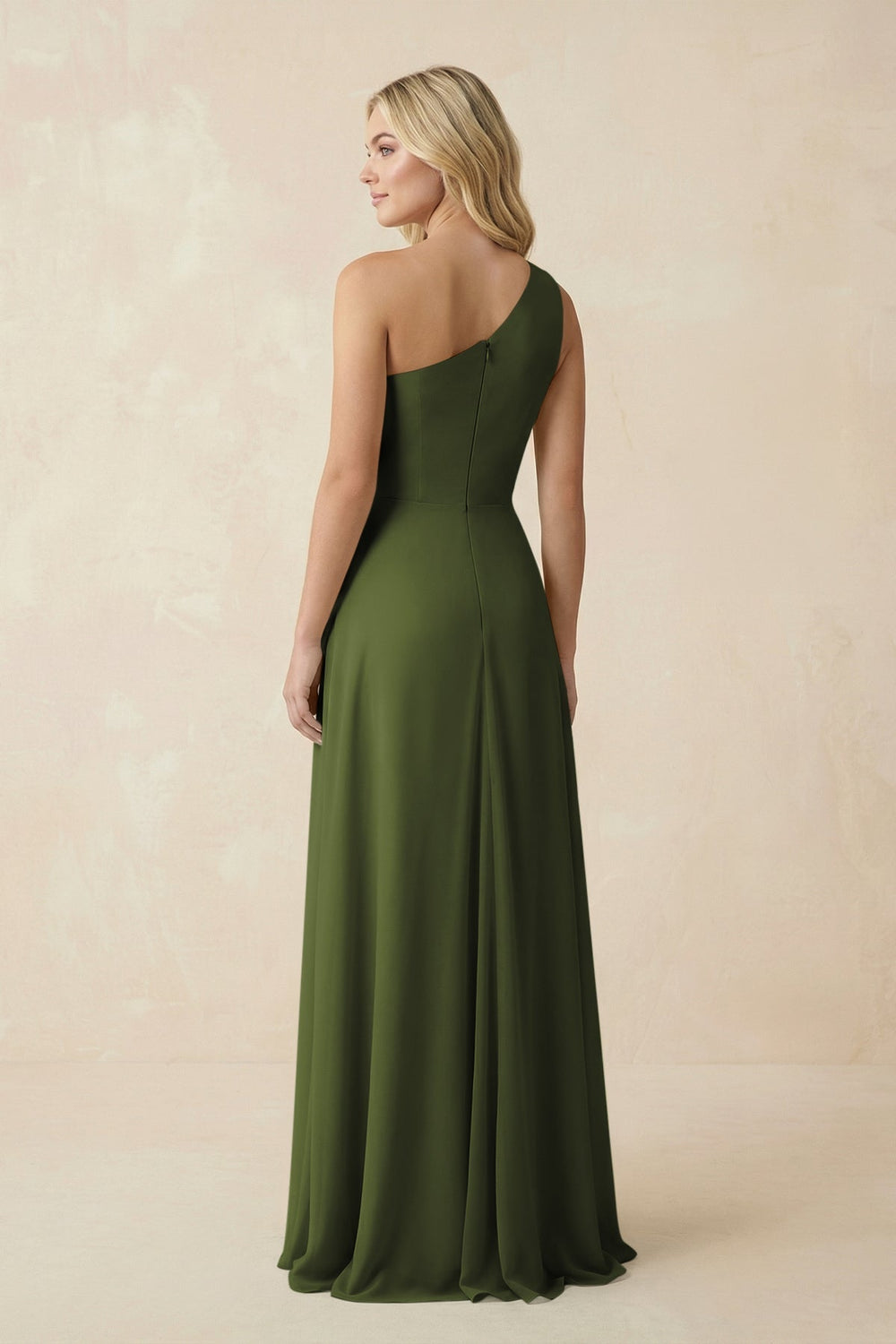 One - Shoulder Ruched A - Line Chiffon Bridesmaid Dress in Olive - KissProm Bridesmaid Dresses