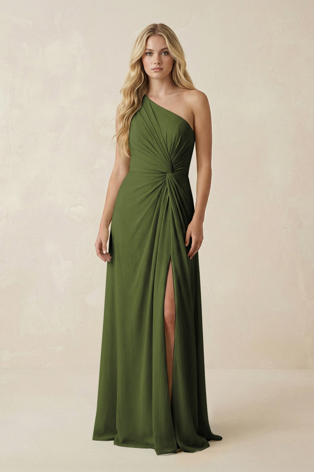 One - Shoulder Ruched A - Line Chiffon Bridesmaid Dress in Olive - KissProm Bridesmaid Dresses