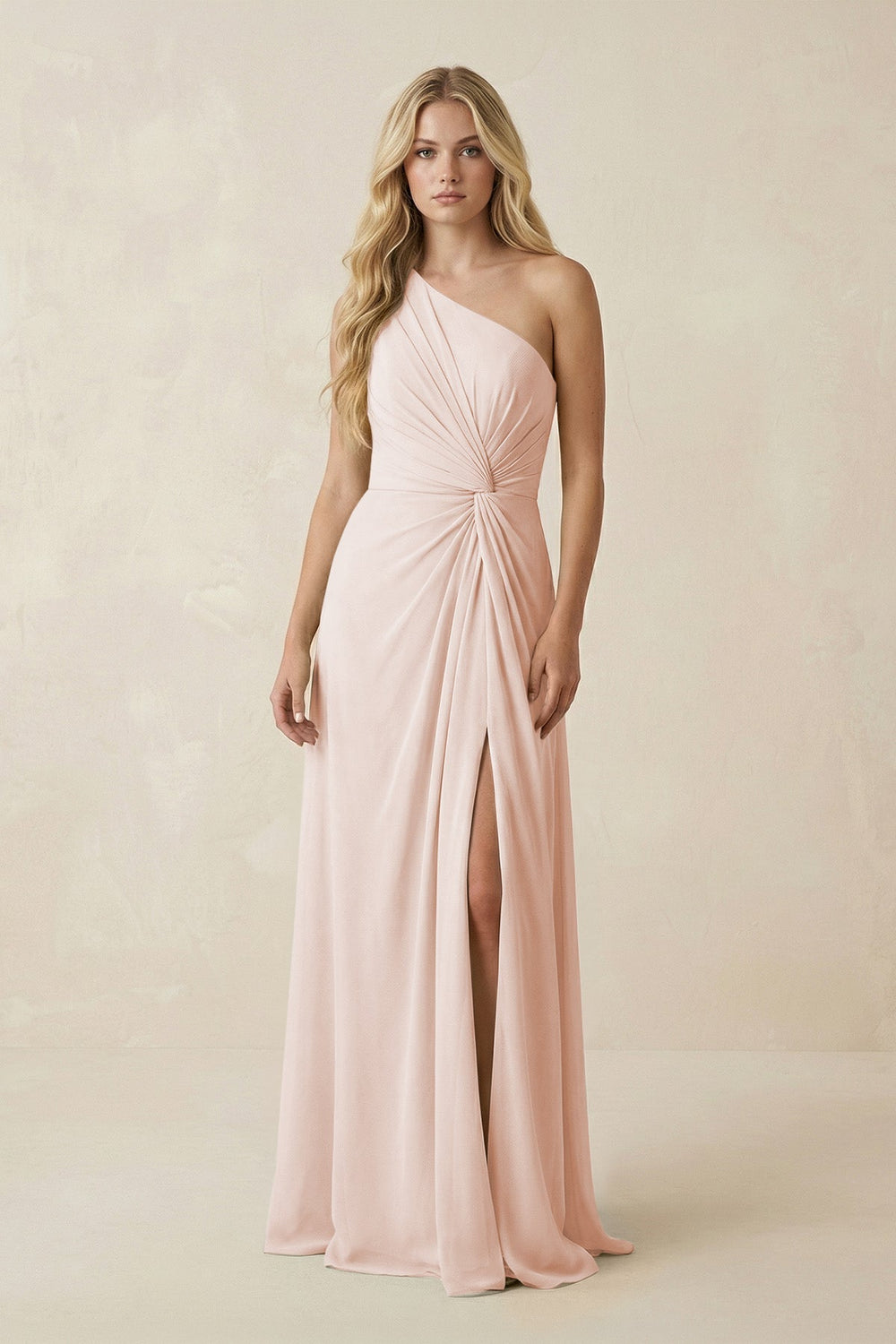One - Shoulder Ruched A - Line Chiffon Bridesmaid Dress in Pale Blush - KissProm Bridesmaid Dresses