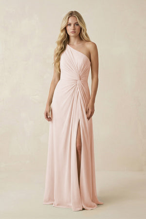 One - Shoulder Ruched A - Line Chiffon Bridesmaid Dress in Pale Blush - KissProm Bridesmaid Dresses