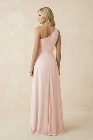 One - Shoulder Ruched A - Line Chiffon Bridesmaid Dress in Pale Blush - KissProm Bridesmaid Dresses