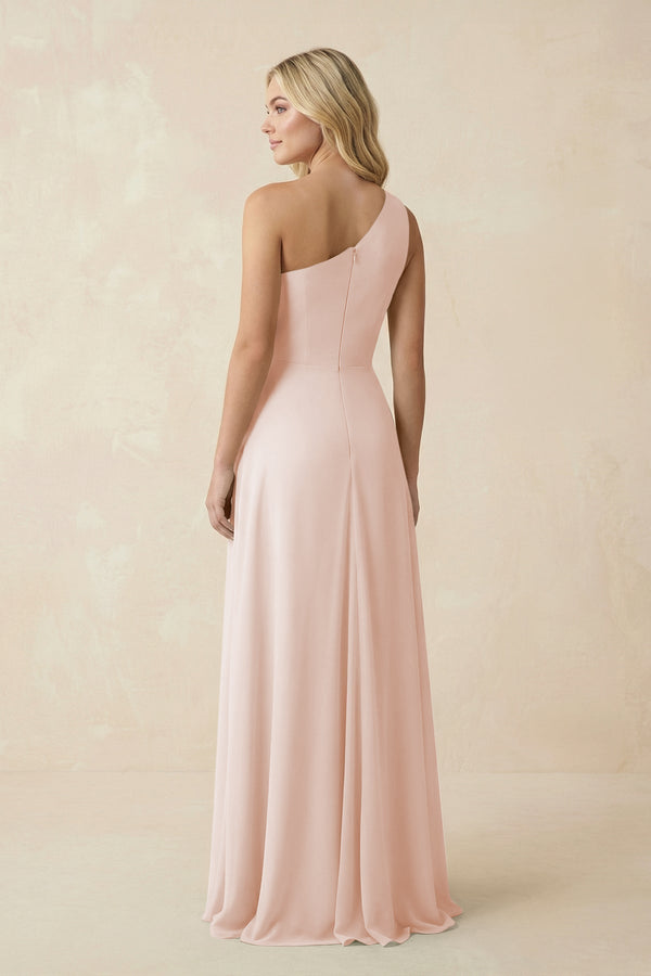 One - Shoulder Ruched A - Line Chiffon Bridesmaid Dress in Pale Blush - KissProm Bridesmaid Dresses