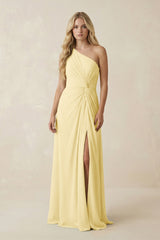 One - Shoulder Ruched A - Line Chiffon Bridesmaid Dress in Pastel Yellow - KissProm Bridesmaid Dresses