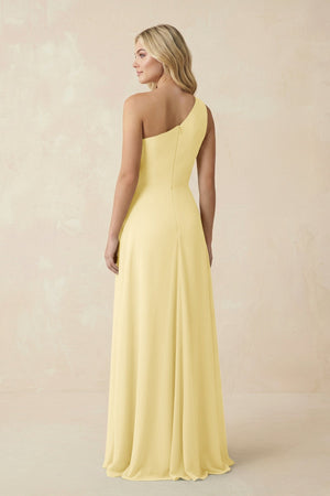 One - Shoulder Ruched A - Line Chiffon Bridesmaid Dress in Pastel Yellow - KissProm Bridesmaid Dresses