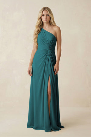 One - Shoulder Ruched A - Line Chiffon Bridesmaid Dress in Pine - KissProm Bridesmaid Dresses