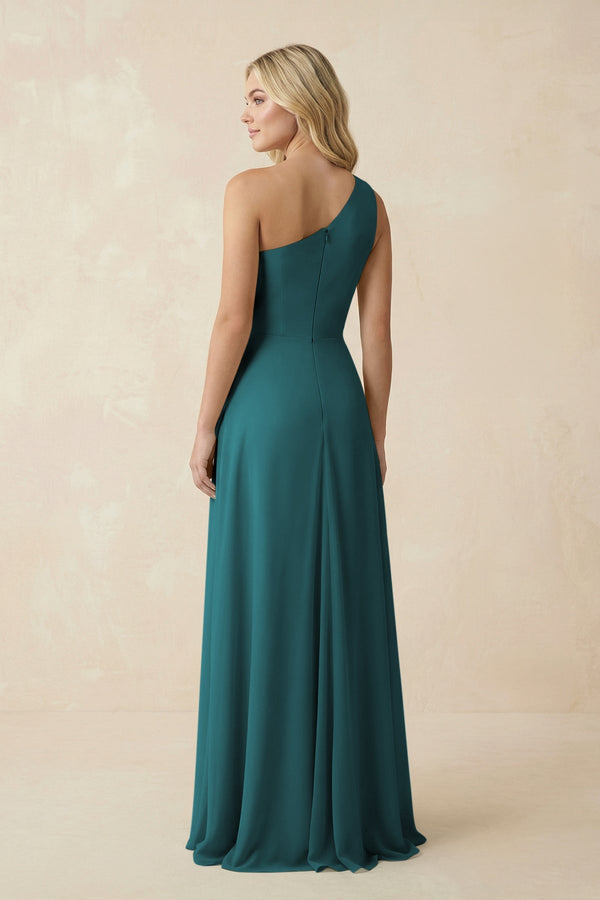 One - Shoulder Ruched A - Line Chiffon Bridesmaid Dress in Pine - KissProm Bridesmaid Dresses