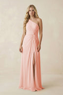 One - Shoulder Ruched A - Line Chiffon Bridesmaid Dress in Rose Petal - KissProm Bridesmaid Dresses