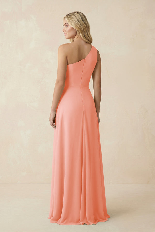 One - Shoulder Ruched A - Line Chiffon Bridesmaid Dress in Rosette - KissProm Bridesmaid Dresses