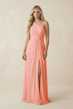 One - Shoulder Ruched A - Line Chiffon Bridesmaid Dress in Rosette - KissProm Bridesmaid Dresses