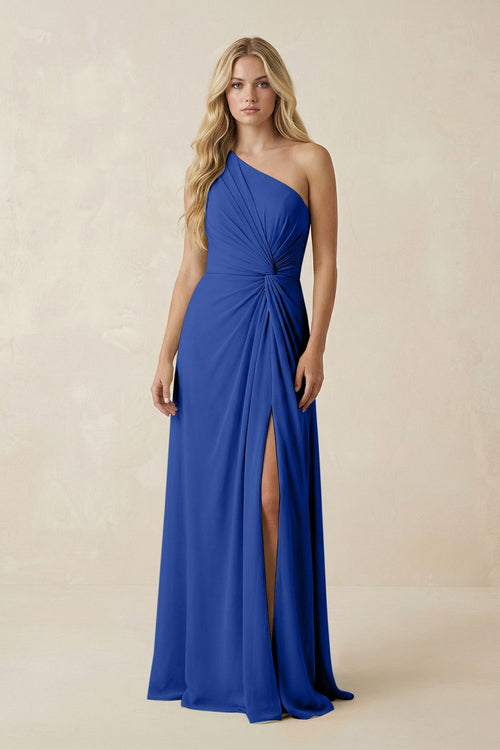 One - Shoulder Ruched A - Line Chiffon Bridesmaid Dress in Royal Blue - KissProm Bridesmaid Dresses