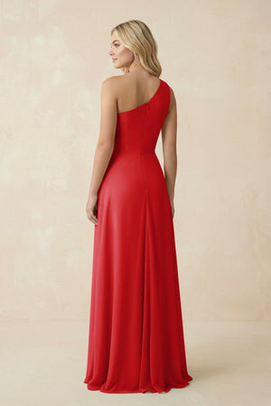 One - Shoulder Ruched A - Line Chiffon Bridesmaid Dress in Ruby Red - KissProm Bridesmaid Dresses