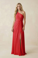 One - Shoulder Ruched A - Line Chiffon Bridesmaid Dress in Ruby Red - KissProm Bridesmaid Dresses