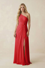 One - Shoulder Ruched A - Line Chiffon Bridesmaid Dress in Ruby Red - KissProm Bridesmaid Dresses