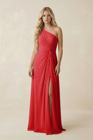 One - Shoulder Ruched A - Line Chiffon Bridesmaid Dress in Ruby Red - KissProm Bridesmaid Dresses