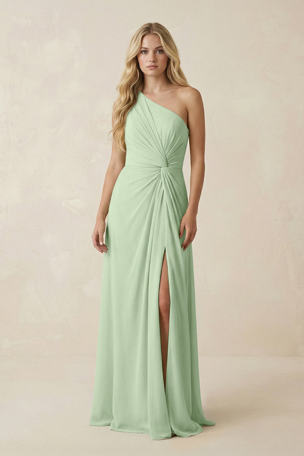 One - Shoulder Ruched A - Line Chiffon Bridesmaid Dress in Sage - KissProm Bridesmaid Dresses