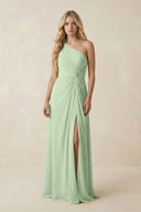 One - Shoulder Ruched A - Line Chiffon Bridesmaid Dress in Sage - KissProm Bridesmaid Dresses