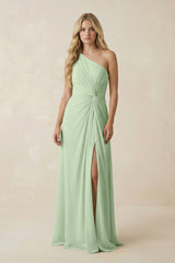 One - Shoulder Ruched A - Line Chiffon Bridesmaid Dress in Sage - KissProm Bridesmaid Dresses