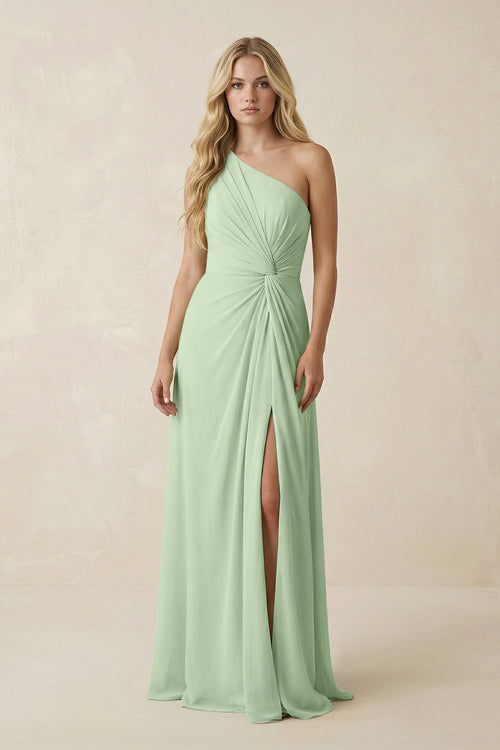 One - Shoulder Ruched A - Line Chiffon Bridesmaid Dress in Sage - KissProm Bridesmaid Dresses