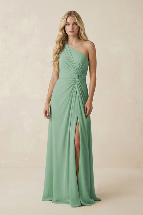 KissProm One-Shoulder Ruched A-Line Chiffon Bridesmaid Dress in Sea Glass, Sea Glass / 20