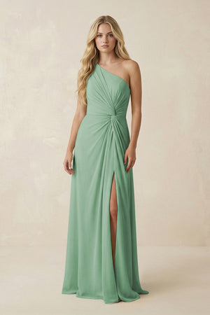 One - Shoulder Ruched A - Line Chiffon Bridesmaid Dress in Sea Glass - KissProm Bridesmaid Dresses
