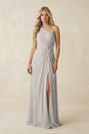 One - Shoulder Ruched A - Line Chiffon Bridesmaid Dress in Silver - KissProm Bridesmaid Dresses