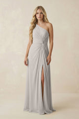 One - Shoulder Ruched A - Line Chiffon Bridesmaid Dress in Silver - KissProm Bridesmaid Dresses