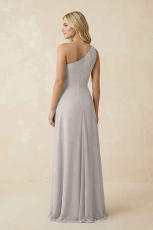 One - Shoulder Ruched A - Line Chiffon Bridesmaid Dress in Silver - KissProm Bridesmaid Dresses