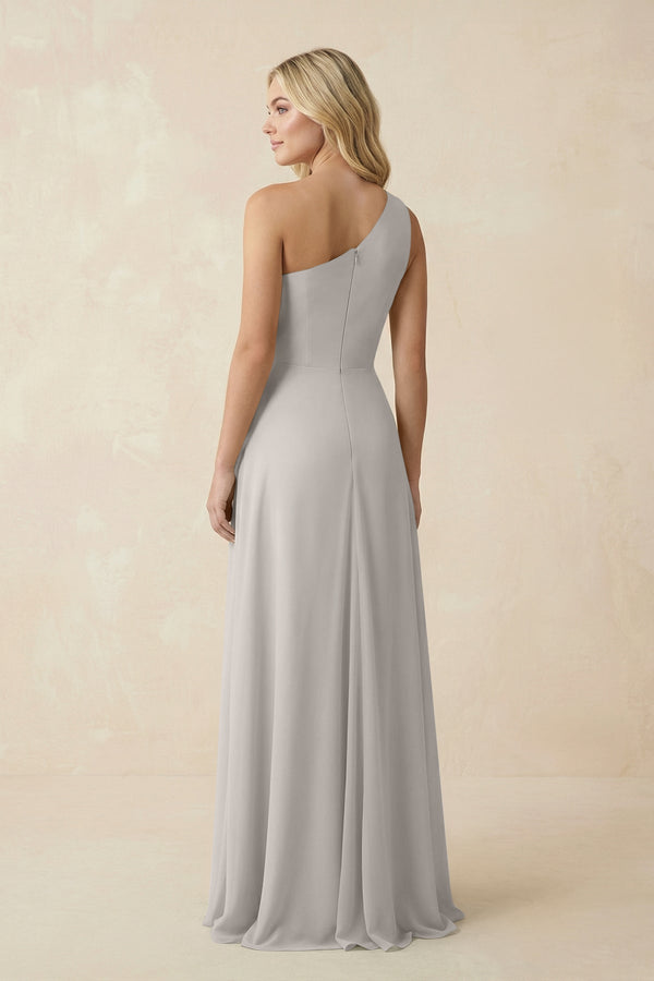 One - Shoulder Ruched A - Line Chiffon Bridesmaid Dress in Silver - KissProm Bridesmaid Dresses