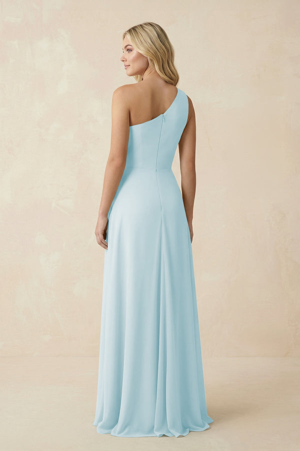 One - Shoulder Ruched A - Line Chiffon Bridesmaid Dress in Sky Blue - KissProm Bridesmaid Dresses