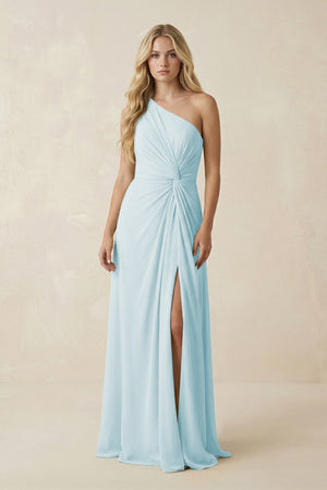 One - Shoulder Ruched A - Line Chiffon Bridesmaid Dress in Sky Blue - KissProm Bridesmaid Dresses