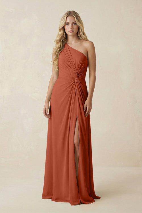 One - Shoulder Ruched A - Line Chiffon Bridesmaid Dress in Spice - KissProm Bridesmaid Dresses