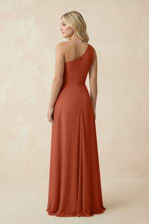 One - Shoulder Ruched A - Line Chiffon Bridesmaid Dress in Spice - KissProm Bridesmaid Dresses