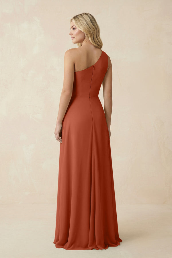 One - Shoulder Ruched A - Line Chiffon Bridesmaid Dress in Spice - KissProm Bridesmaid Dresses