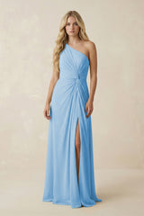 One - Shoulder Ruched A - Line Chiffon Bridesmaid Dress in Steel Blue - KissProm Bridesmaid Dresses