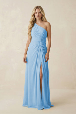 One - Shoulder Ruched A - Line Chiffon Bridesmaid Dress in Steel Blue - KissProm Bridesmaid Dresses