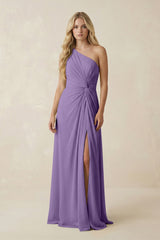 One - Shoulder Ruched A - Line Chiffon Bridesmaid Dress in Tahiti - KissProm Bridesmaid Dresses