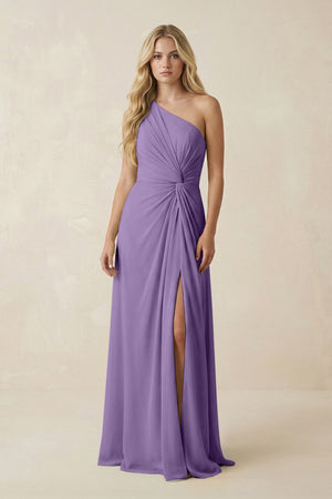 One - Shoulder Ruched A - Line Chiffon Bridesmaid Dress in Tahiti - KissProm Bridesmaid Dresses